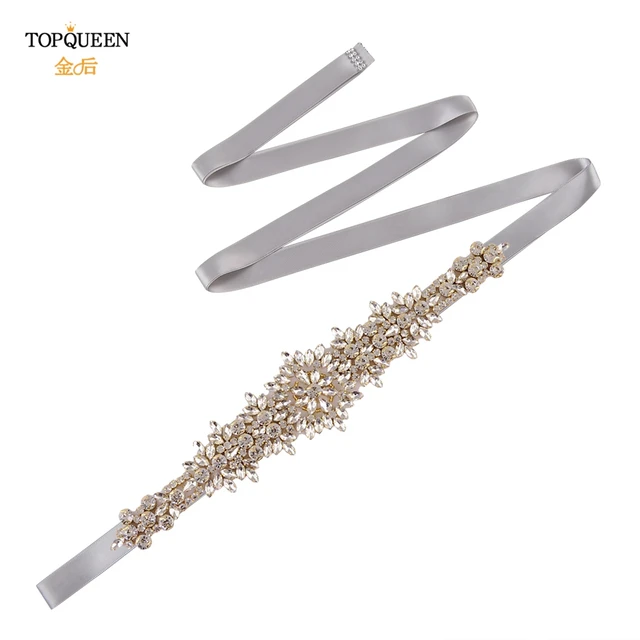 TOPQUEEN S319-G Luxury Bridal Belt Gold Rhinestone Applique Wedding Accessories Women Diamond Sash Moroccan Caftan Decoration gray ribbon