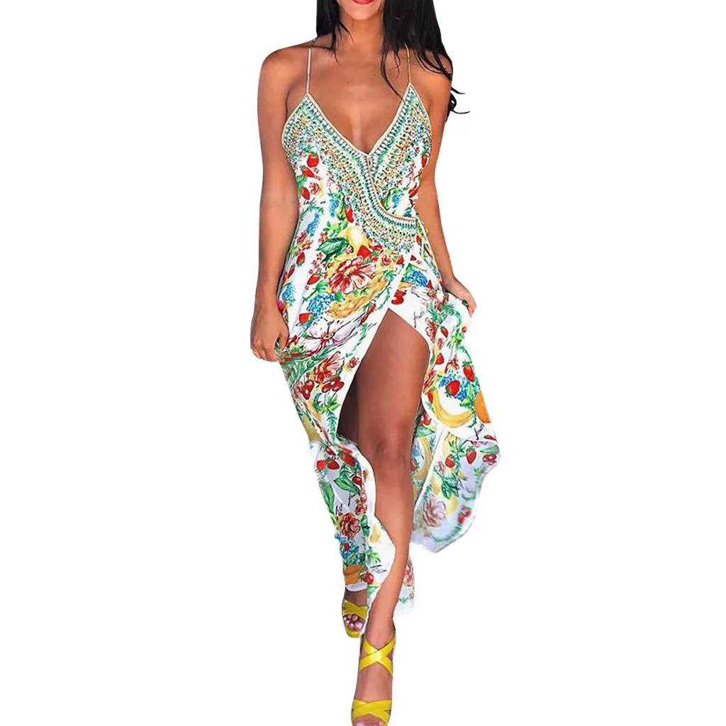 Women Dress Vintage Women Summer Boho Print High Slit Deep V Slip Maxi Dress Sexy Dress Erotic Off Shoulder Backless Dress