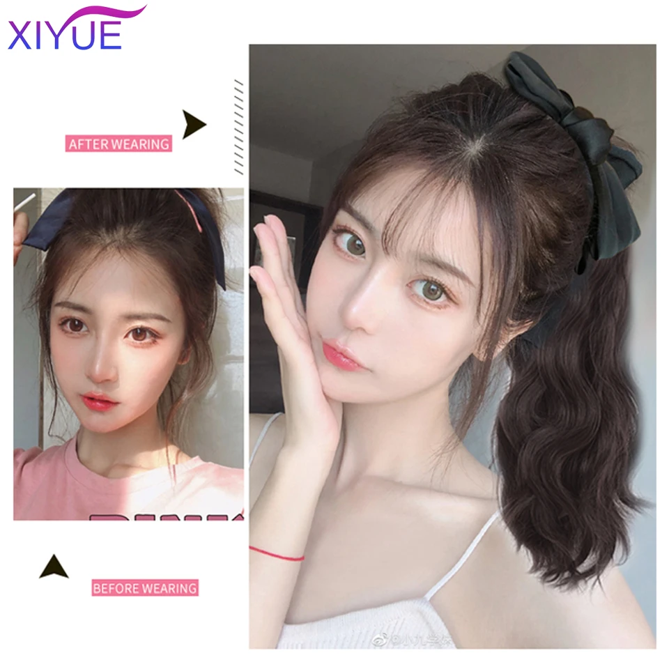 XIYUE Long Wavy Wrap Around Clip In Ponytail Hair Extension Heat Resistant Synthetic Natural Wave With Bow Pony Tail Fake Hair