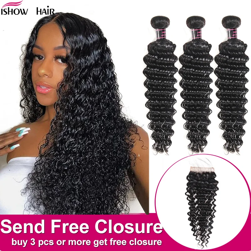 Tanie Zestawy brazylijskiej głębokiej fali Ishow z bezpłatnym zamknięciem Natural Color głębokie kręcone ludzkie włosy brazylijskie doczepy do włosów splot wiązek