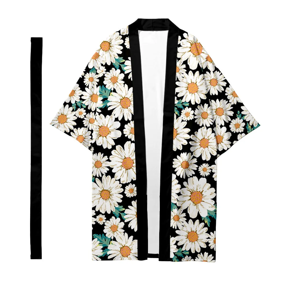 

Daisy Printed Long Style Kimono Beach Cardigan With Belt Japanese Couple Women Men Casual Asian Clothes Harajuku