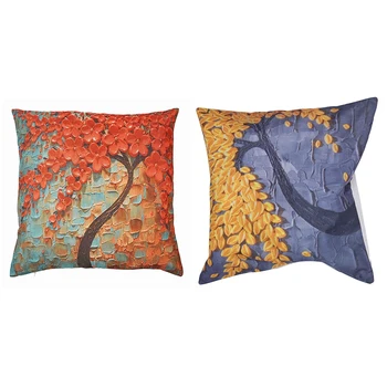 

2pcs Fashion Cotton and Linen Square Pillow Cases - Green orange + red flowers & Gray + yellow flowers