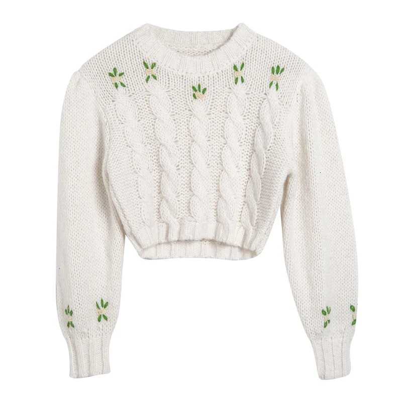 TVVOVVIN Embroidery Knitting Women's Sweaters O Neck Lantern Sleeve Tunic Short Female Sweater Autumn Fashion New L659 - Цвет: White