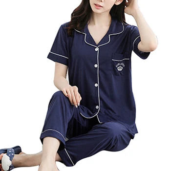 

2 Piece Spring Women Sleepwear Faux Silk Satin Pajamas Set Nightwear Cute Lapel Short Sleeve Pyjamas Suit 2020 Female Homewear
