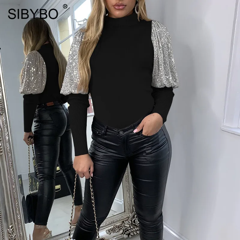 SIBYBO/повседневные женские топы в рубчик с блестками, зимняя футболка с длинным рукавом и высоким воротником, женские тонкие элегантные футболки