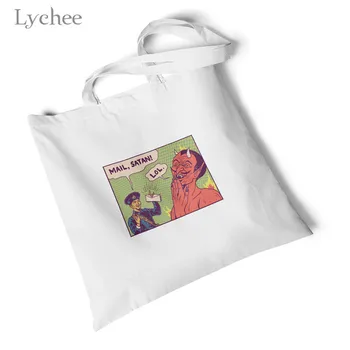 

Lychee Harajuku Devil Printed White Canvas Bag Foldable Large Shoulder Bag Travel Bag Environmental Reusable Original Handbag