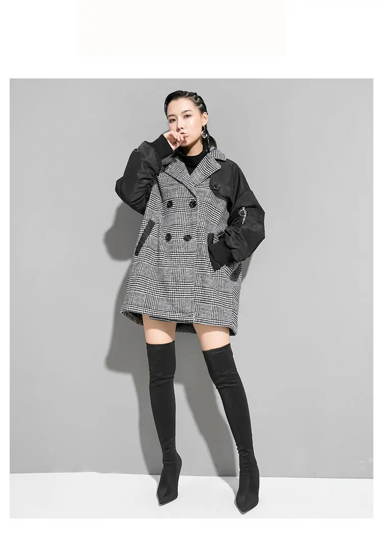 XITAO Winter Patchwork Plaid Pocket Jacket Women Clothes Fashion Plus Size Tide Turn Down Collar Match All Coat Top ZLL4402