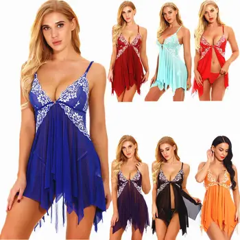 

Womens Sexy Lingerie Sleepshirts Lace Front Sleepwear Two-Color Irregular Dress Nightgowns