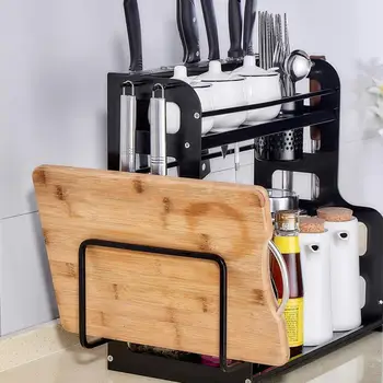 

Space Aluminum Bright Black Kitchen Shelf Condiment Supplies Landing 2-layer Kitchen Tool Shelf For Condiment Storage