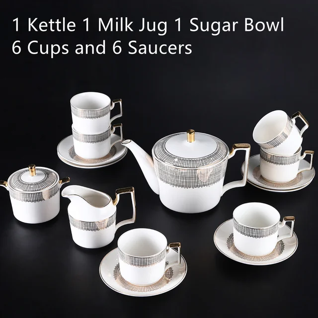 Kávékészlet Csont Arany Háló Vonalak Italok Porcelán Teáskanna Teáscsésze Kerámia Bögre Cukros Tál Tejszínes Kancsó Kávéfőző - Image 6