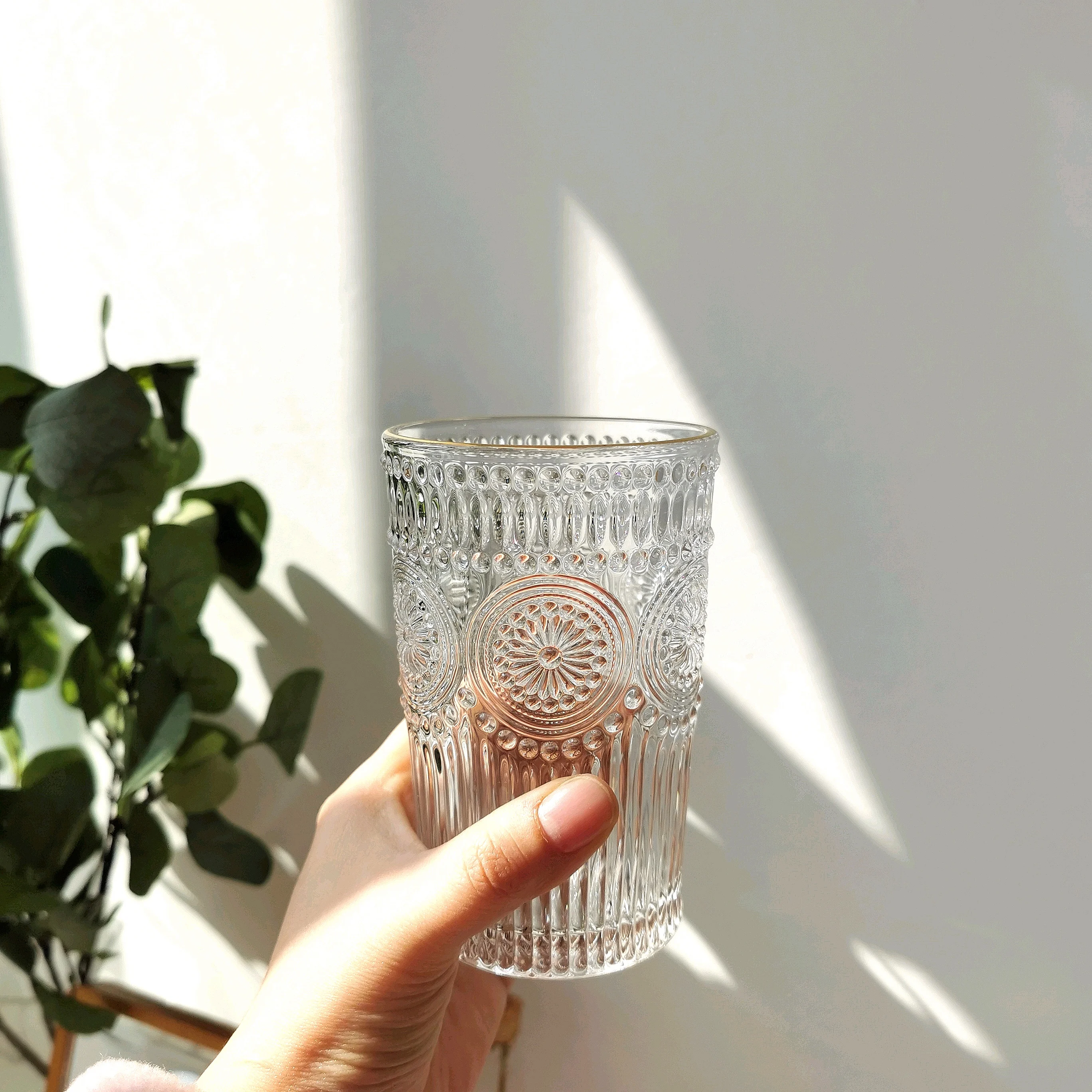 Ins Style Korean Glass Cups French Retro Embossed Transparent Glasses