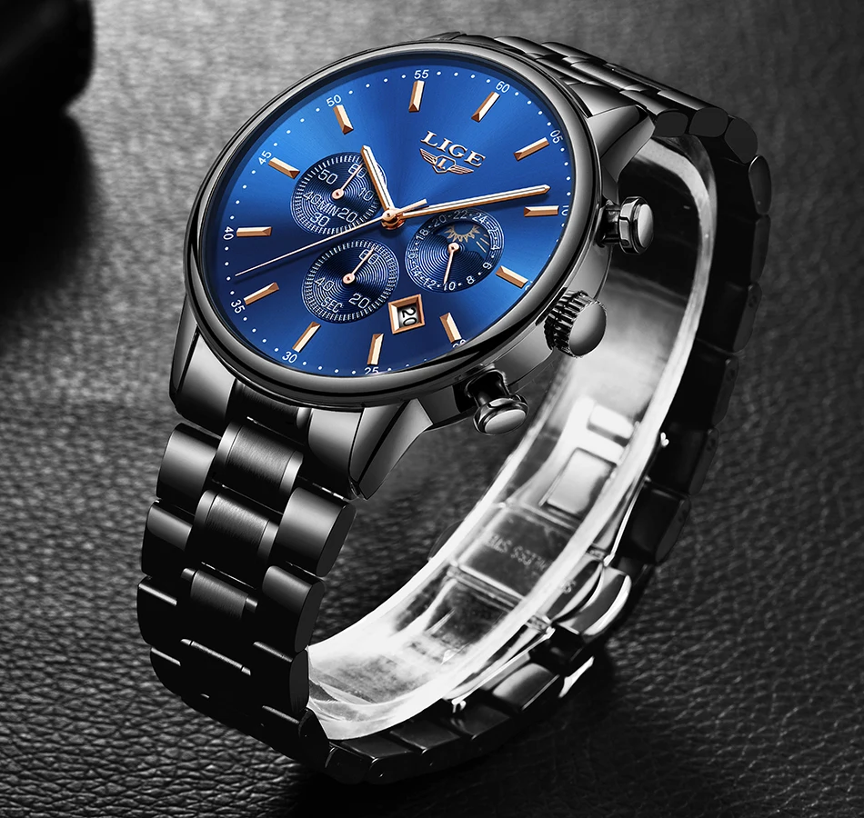 LIGE Moon Phase дизайн синие модные деловые мужские часы, наручные часы Топ бренд класса люкс все стальные Кварцевые Золотые часы Relogio Masculino