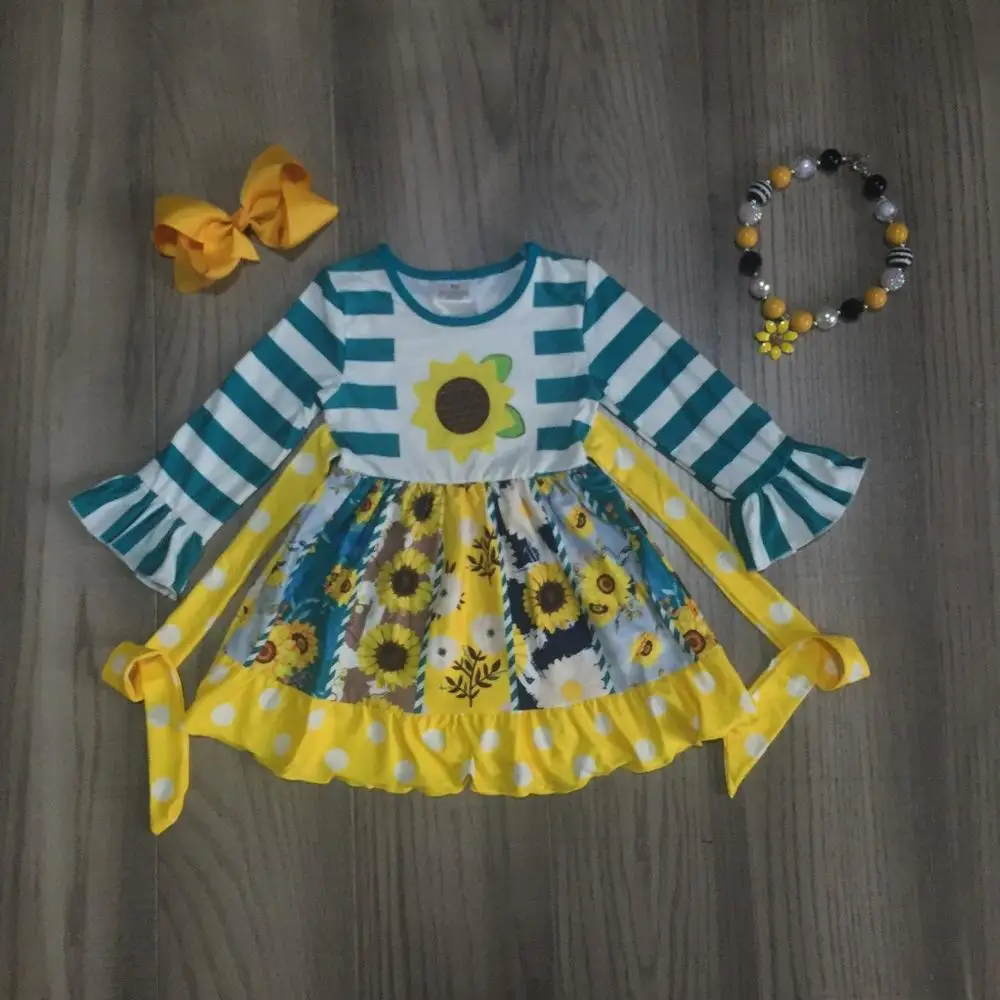 Одежда для маленьких девочек осеннее платье для девочек, платье с подсолнухами и желтым низом в синюю полоску, Эксклюзивное Платье для малышей с аксессуарами