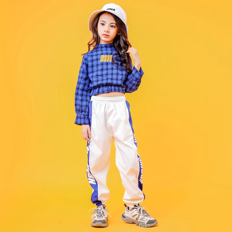 Blue Girls Boys Hip Hop Hoodies Dance Clothes for Kids Jazz Dancing Costumes SweaterShirt Ballroom Crop Tops Plaid Jogger Pants (8)