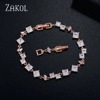 

ZAKOL Exquisite Square Zirconia Crystal Bracelet Bangles Shiny Rose Gold Color CZ Zircon Stone Jewelry For Girl Women FSBP2189
