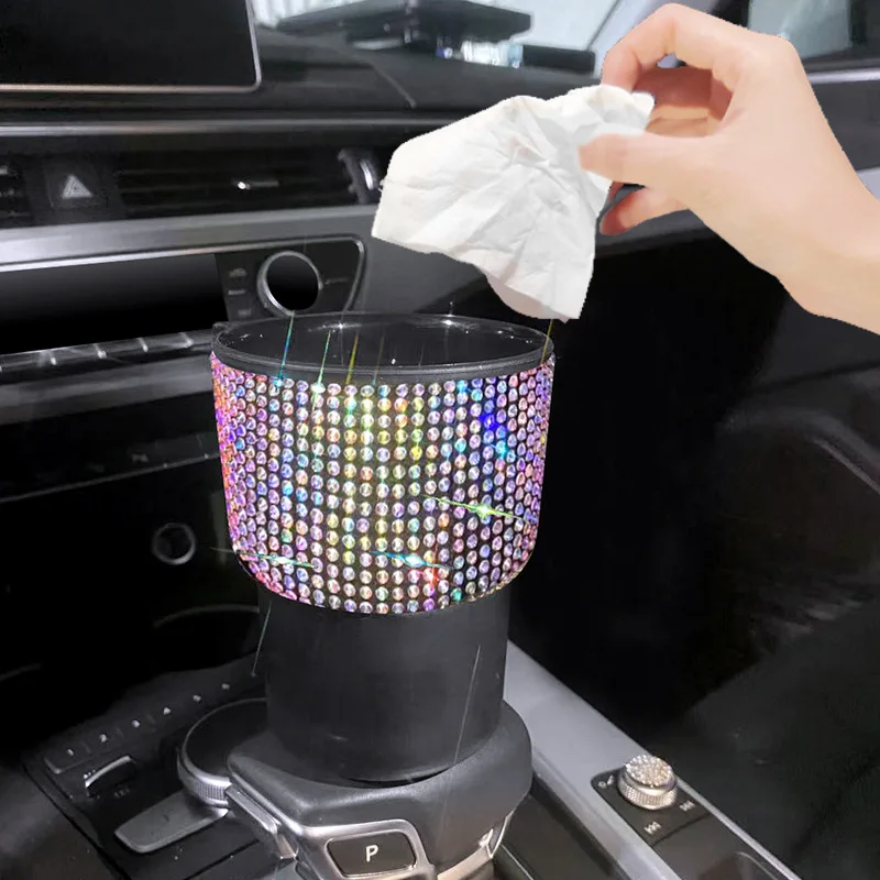 

Car Rhinestone Trash Can for Car Girl Kawaii Trash Bin Organizer Garbage Holder Trash Paper Dustbin Auto interior Supplies