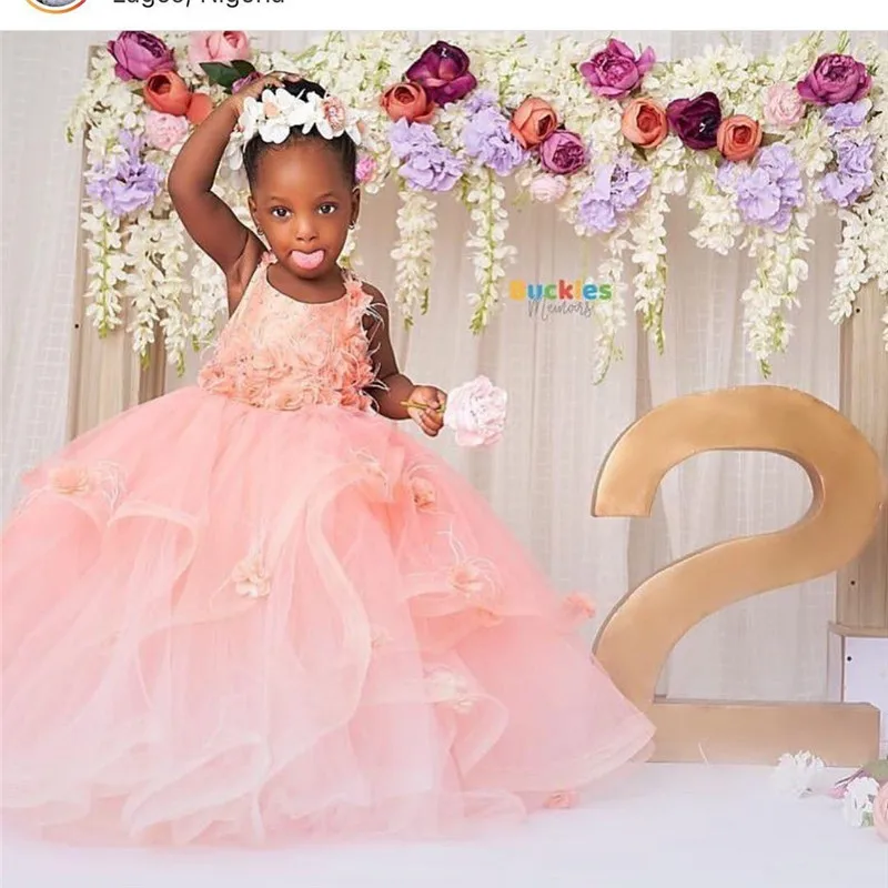 

Baby Girls Dresses for Birthday 3D Flowers Feather Puffy Tulle Little Princess Party Gowns Kids Clothes