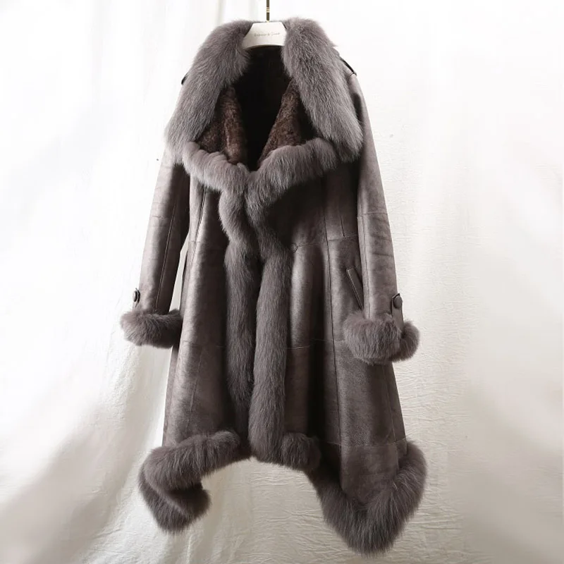 fashion winter new real leather lamb fur grass one coat coat women's long fox windbreaker fur - Цвет: Светло-серый