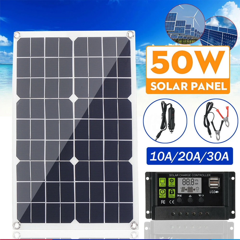 

50W Solar Panel Monocrystalline Silicon Solar Cells Dual USB Output with 10/20/30A Controller for Car Yacht Battery Boat Charger