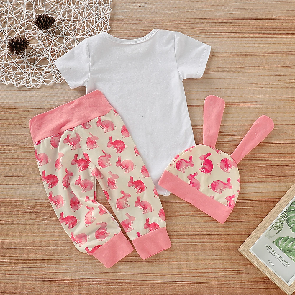 LOOZYKIT Summer 3PCS Set Toddler Newborn Baby Girl Boy Short Sleeve Outfits Set Lovely Bunny Cotton Tops Pants Hat Outfit