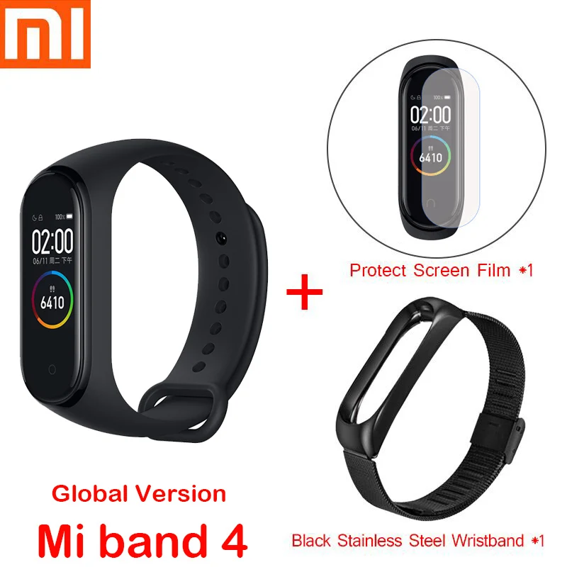 Xiaomi mi Band 4 и 3 умные браслеты mi band Браслет пульсометр фитнес-трек сенсорный экран pulsera intelgent часы - Цвет: Global mi4 add strap