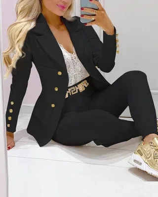 plus size pants suits evening wear Large Size Autumn/Winter Women's Sexy Single-breasted Solid Color Small Suit Casual Office Wear Elegant Short Coat 2pcs Set white short suit set Suits & Blazers