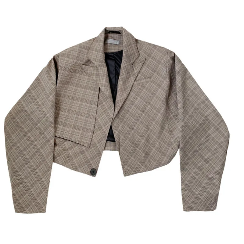 Khaki TVVOVVIN Plaid Long Sleeve Short Section Loose Woman Blazer Jacket Casual Personality Temperament Fashion Autumn Coat C833 - Цвет: Khaki