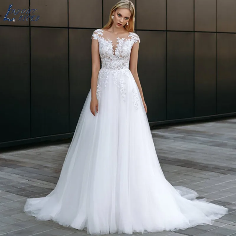 grace kelly wedding dress Cap Sleeves Tulle 2022 Wedding Dress  A-Line O-Neck Beach Party Bridal Gown ILLUSION Button Lace  Appliques Vestido De Noiva sexy wedding dresses Wedding Dresses