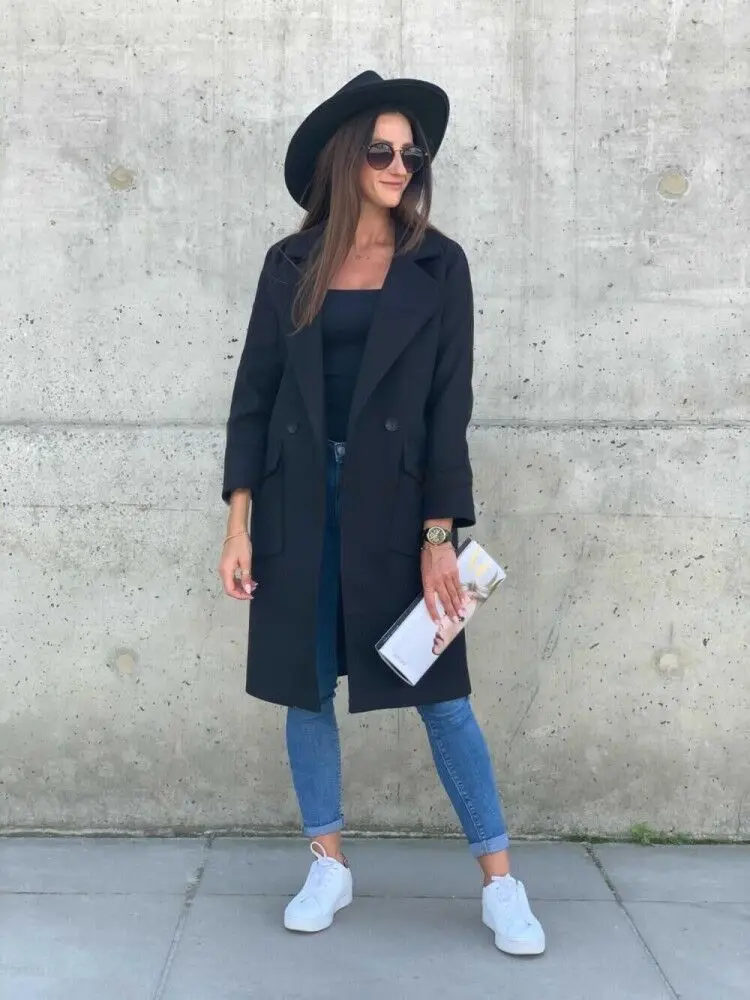 2021 Autumn Winter Black Women's Coat Trench Wool Oversize Warm Lace Up Long Coats Female Elegant Fashion Casual Outerwear Lady