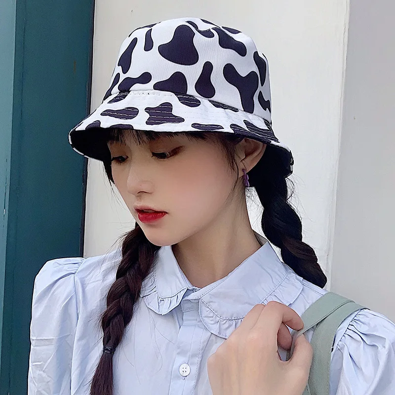 Reversible Black White Cow Pattern Bucket Hats Fisherman Caps for Women Gorras Summer Sun Hat Travel Cap Fishing Cap Beach Hat