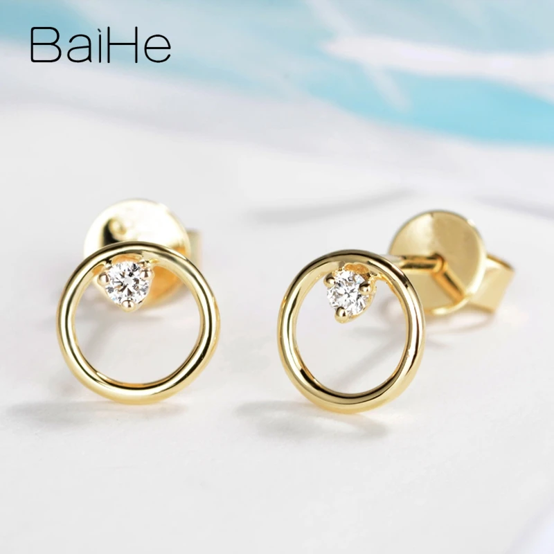 BAIHE Твердое 14 к желтое золото 0.06ct H/SI круглые натуральные бриллианты, ювелирные изделия для свадьбы, помолвки, хорошее ювелирное изделие, подарок, круглые серьги-гвоздики