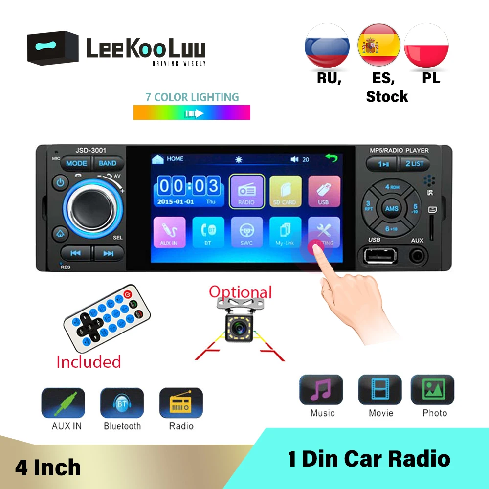 LeeKooLuu 1 Din Авторадио 4,1 дюймов MP5 Автомагнитола In-Dash Автомобильная магнитола 1 Din Coche USB SD Bluetooth пульт дистанционного управления камерой