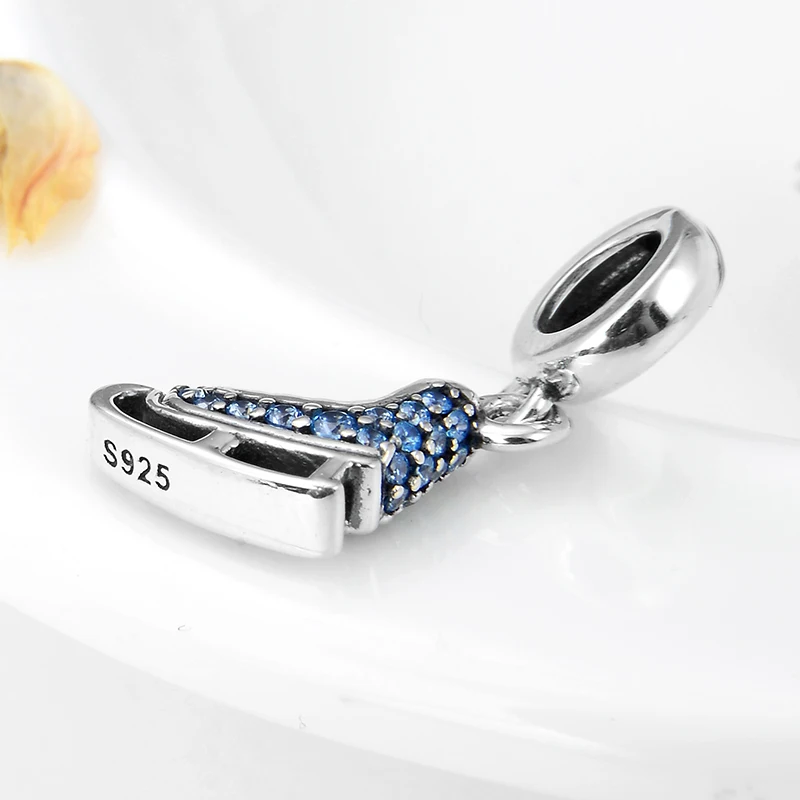 925 стерлингового серебра роликовые коньки Сияющий синий циркон бусины DIY для моды подходят Pandora браслет ожерелье ювелирные изделия