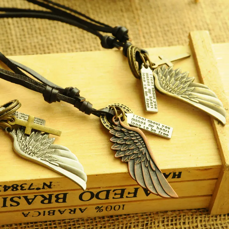 

Angel Wings Pendant Men Cowhide Necklace Women's Versitile Fashion Long Cowhide Rope Sweater Chain