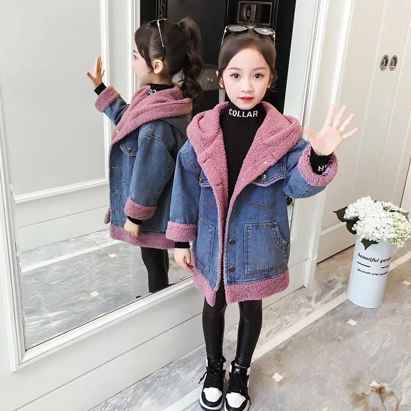 Новое пальто с мехом на весну для детей 4, 7, 8, 10, 12 лет, Детская куртка для девочек, детская одежда с рисунком медведя, Толстая теплая джинсовая куртка для детей-подростков