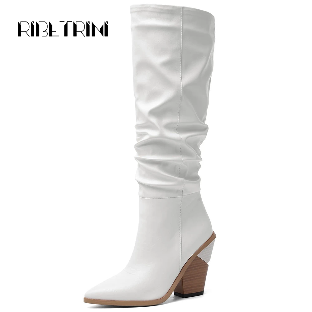 

RIBETRINI Women Knee High Boots 2019 Wooden Block High Heeled Shoes Woman Sexy Pointed Toe Pleated Microfiber Fashion Boots