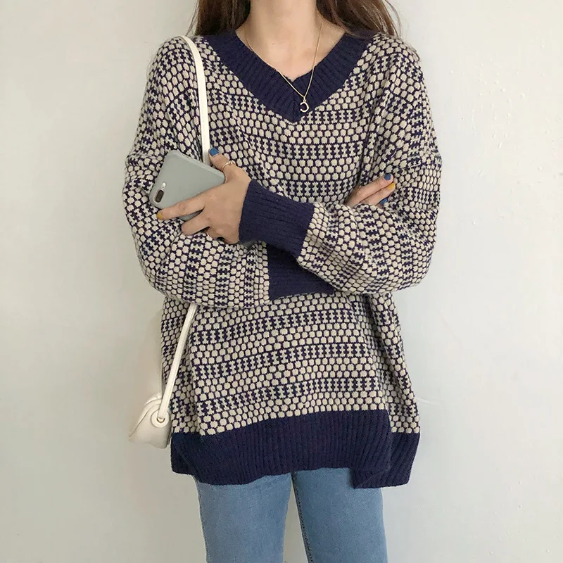 

2019 Autumn And Winter Loose-Fit Slimming Korean-style New Style Mixed Colors V-neck Pullover Woolen Sweater Geometry Graphics S