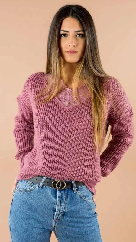 GREYMODA Jersey mujer tricot cuello puntilla
