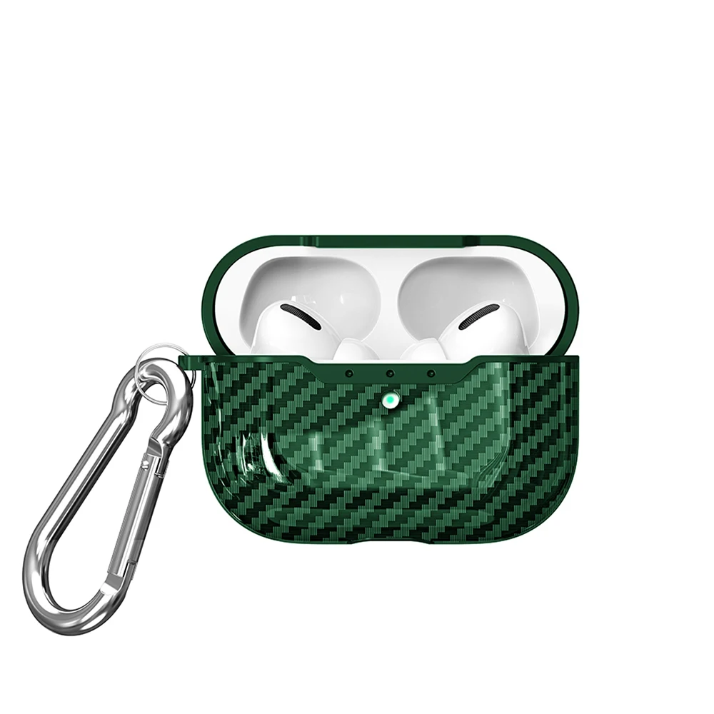 For AirPods Pro Case Carbon Fiber Litchi Grain Shockproof Earphones Protective Cover with Keychain For Air Pods Pro Case - Цвет: Green