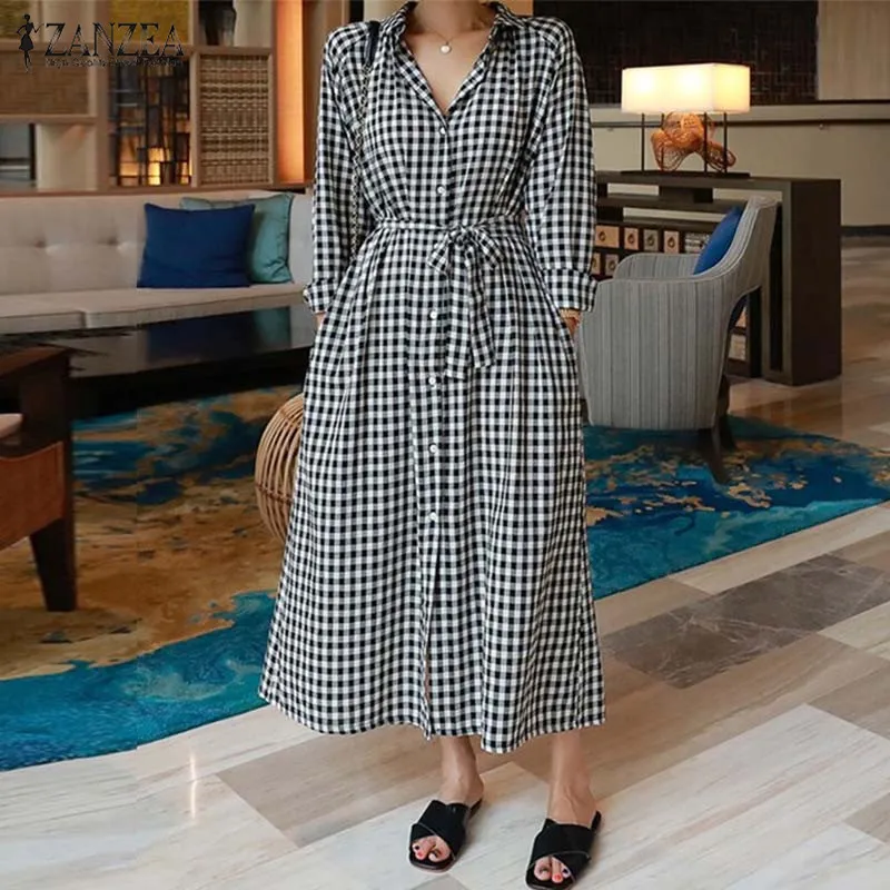 

Plus Size Autumn Check Maxi Dress Women's Sundress ZANZEA 2019 Kaftan Long Sleeve Tunic Vestidos Female Lapel Button Robe Belt