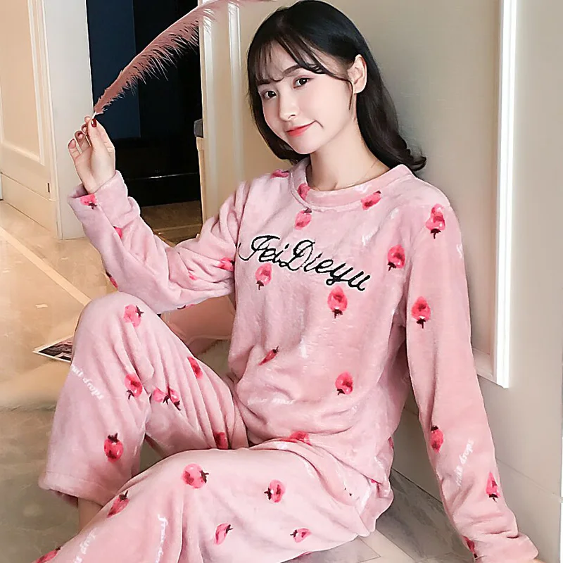 009 Pjs осень зима коралловые бархатные пижамные комплекты женские с длинным рукавом Теплые утолщенные милые Фланелевые домашние костюмы - Цвет: 009