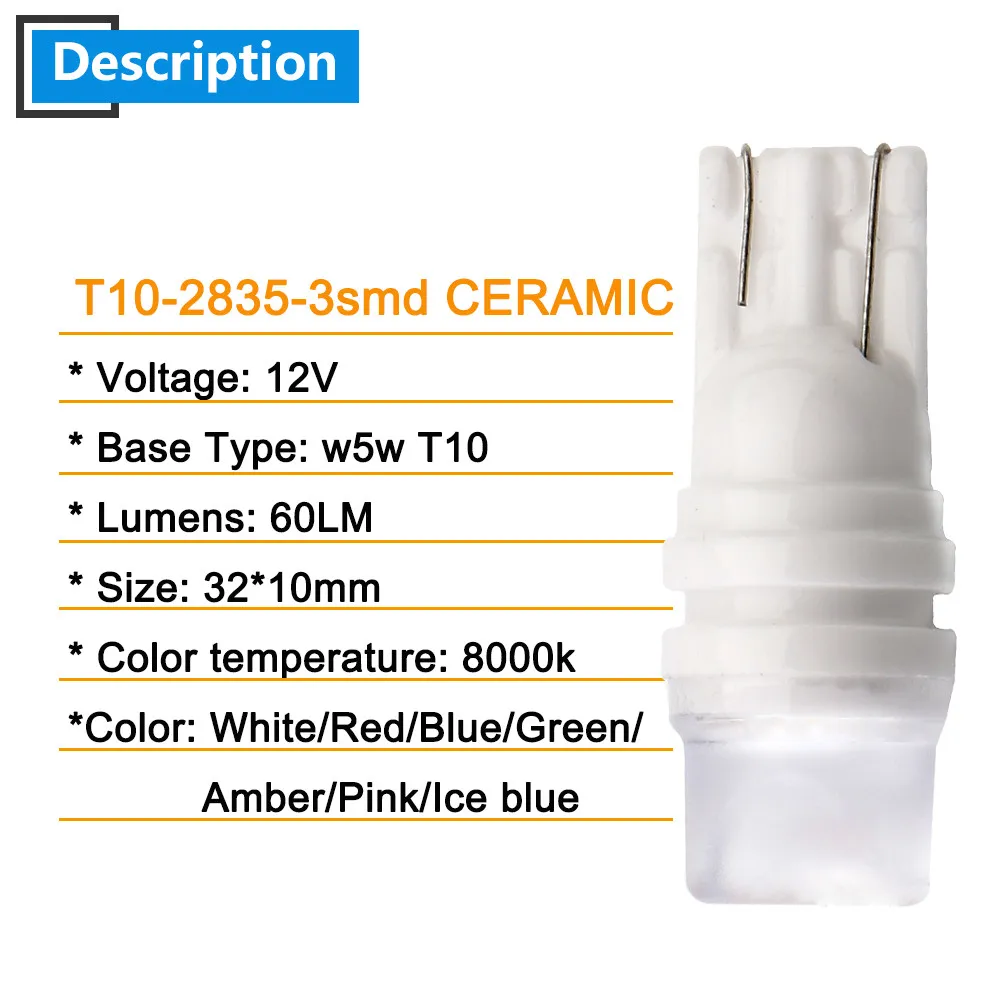 100X W5W теплопрочный T10 3 SMD 2835 194 светодиодный Керамический автомобильный клинообразный боковой светильник для номерного знака, белый, синий, красный, янтарный