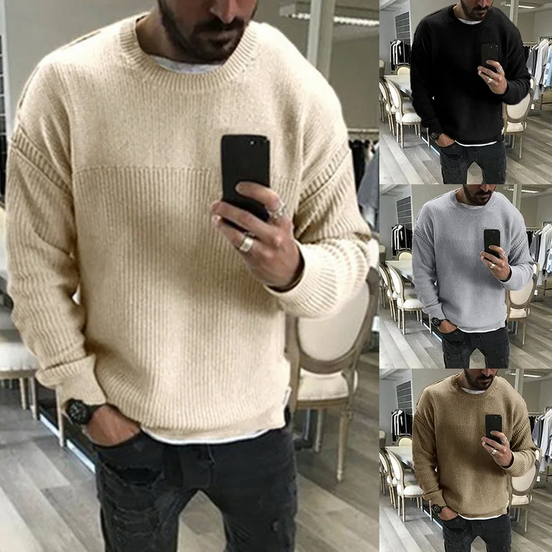 

Men Knitted Pullover Tops Autumn Casual Sweatshirts Warm Slim Pullover Sweater 2019 New Arrival O Neck Patshwork Kniting Sweater