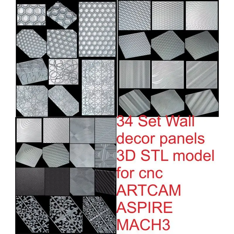 34pcs/set Wall decor panels 3D STL model for cnc ARTCAM ASPIRE MACH3 antique woodworking bench