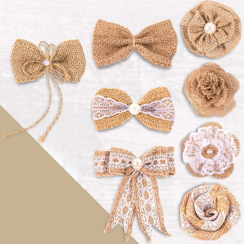 32 шт мешковины цветы и мешковины Bowknots набор, включая винтажные мешковины розы цветы, джутовый шпагат мешковины цветы, жемчужные мешковины Flo