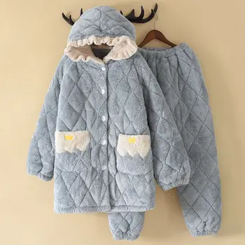 

2 Piece/lot Winter Women Pajamas Set Sweet Thick Flannel Long Homewear Sleep Lounge Velvet Pajama Female Pyjama