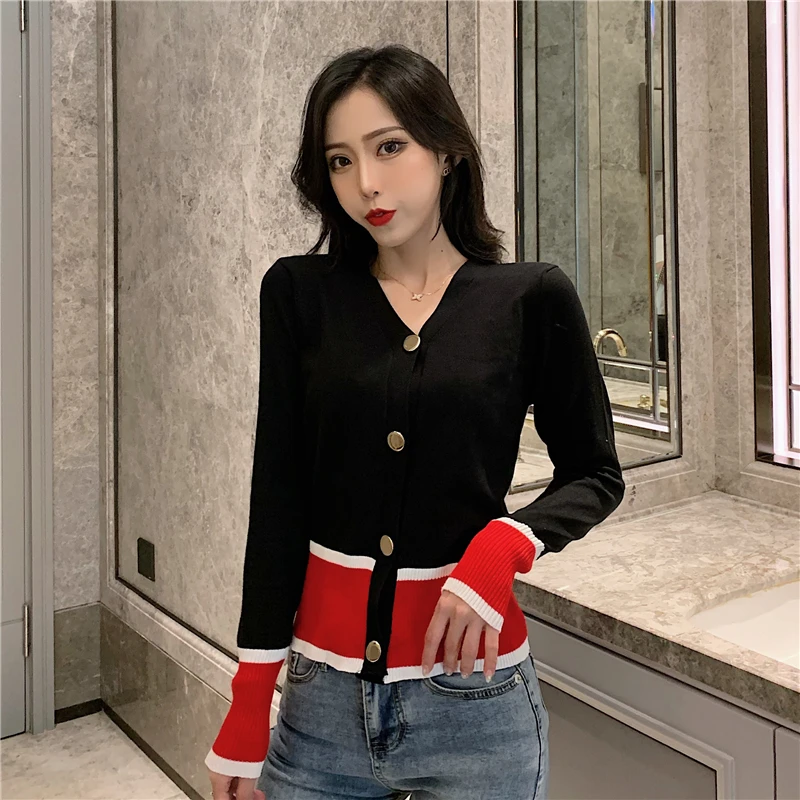 

Gentle retro temperament Slim Knit Cardigan Contrast Tops Women's Sweater