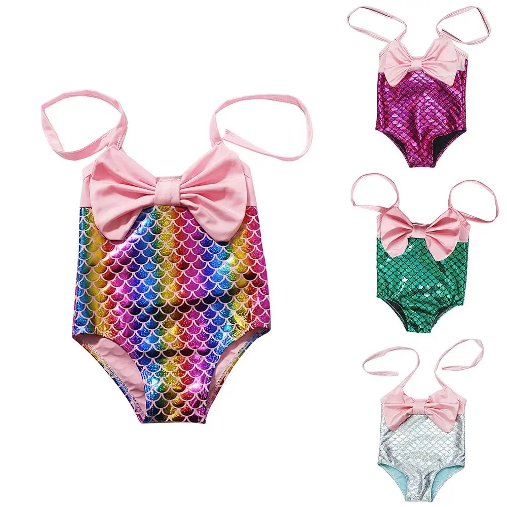 

Cute Summer Beach Toddler Baby Girls Halter Swimwear Bowknot Mermaid Sequins Swimwear Halter Bandage Swimsuit