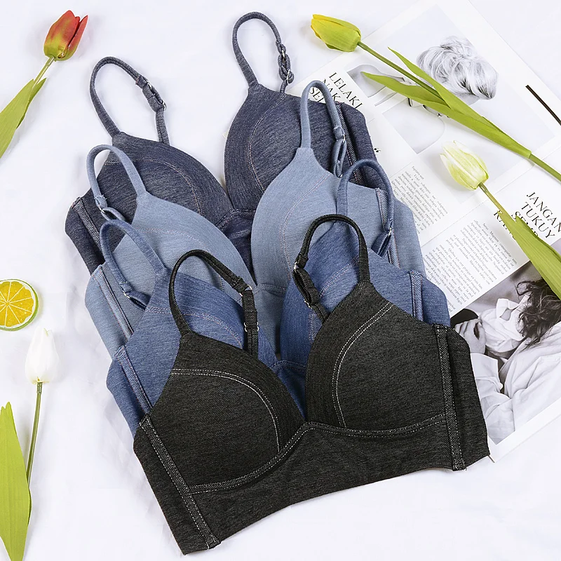 

Denim summer small chest underwear women gather to adjust the size of large chest show small no steel ring bra thin