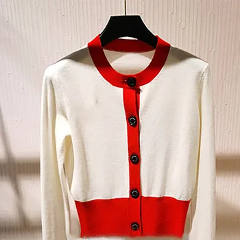 

2020 Early Spring Women's Knitted Cardigan O-neck Color Matching Long Sleeve Single Breasted Casual Sweater Female Knitwear Coat